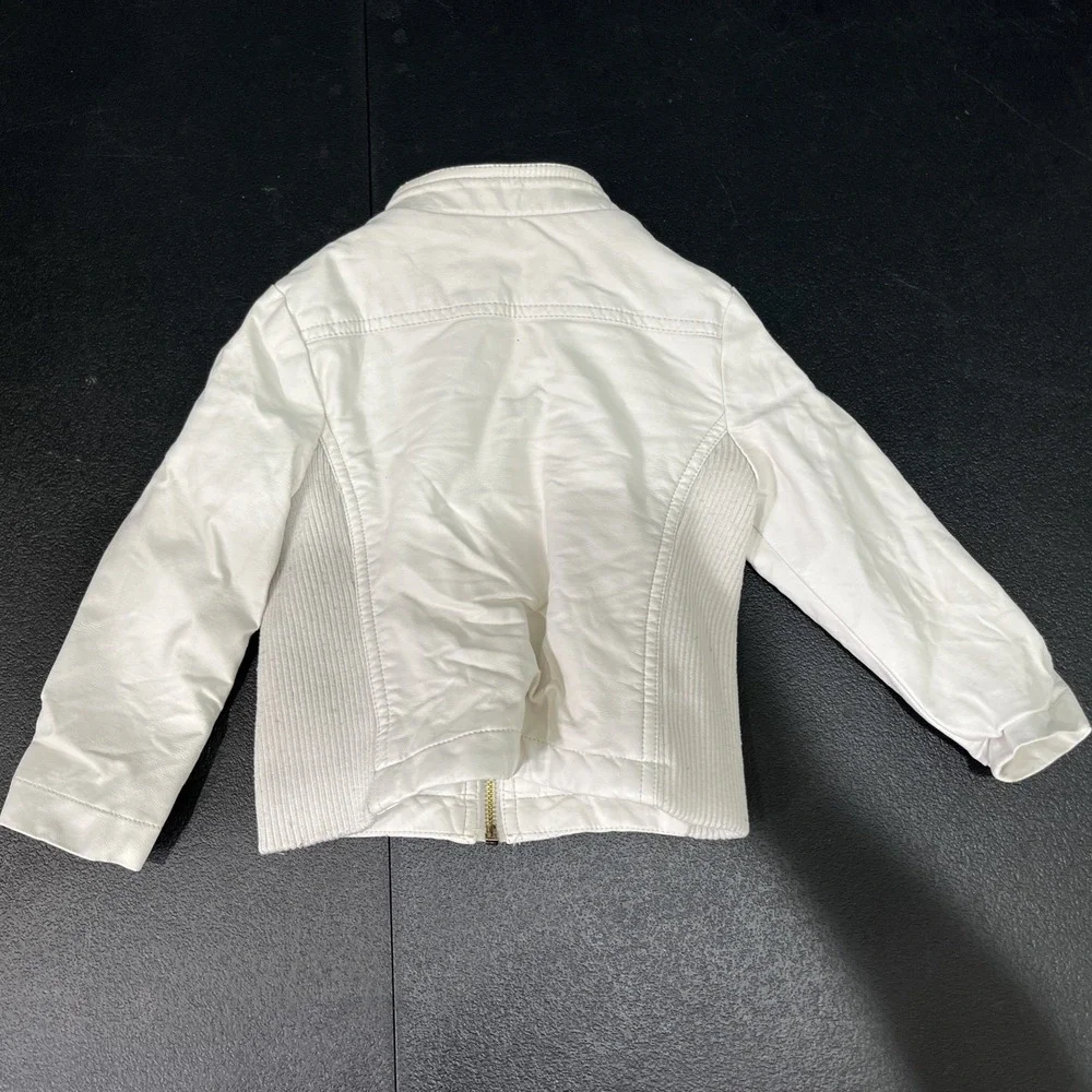 Guess Jacket Girls 4 White‎ Faux Leather Quilted Moto Rhinestone Logo Gold Zip